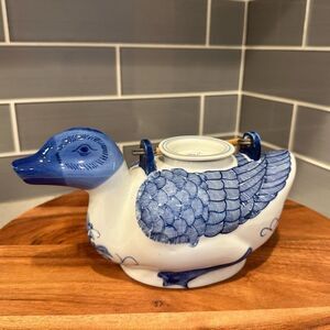 Vintage Blue and White Porcelain Handpainted Duck Teapot